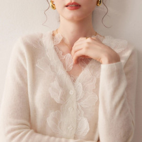 Luxury Women's 100 Cashmere Sweater Cardigans V-neck Knit Tops Autumn Winter Casual Leaf pattern lace cardigan Soft Knitwear