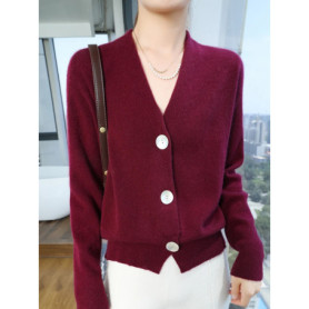 Women Cashmere Sweater V-neck Cardigan Autumn Winter 30 Cashmere And 70 Merino Wool Knitwear Long Sleeve Soft Solid Grace Tops