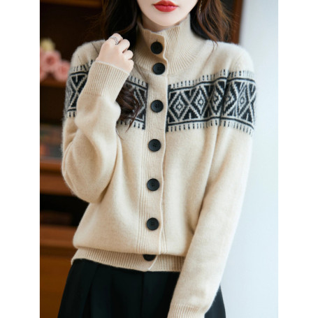 Sweater Women 100 Merino Wool Cardigan High Neck Knit Splicing Color Autumn Winter Single-breasted Clothing Skin Friendly Top