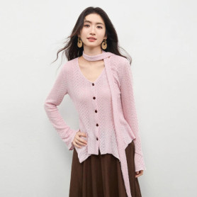 SENTUBILA Sweet Cardigan for Women 2026 Detachable Ribbon Hollow Out V Neck Knitwear Spring New Flared Sleeve Sweater Q61HB5371