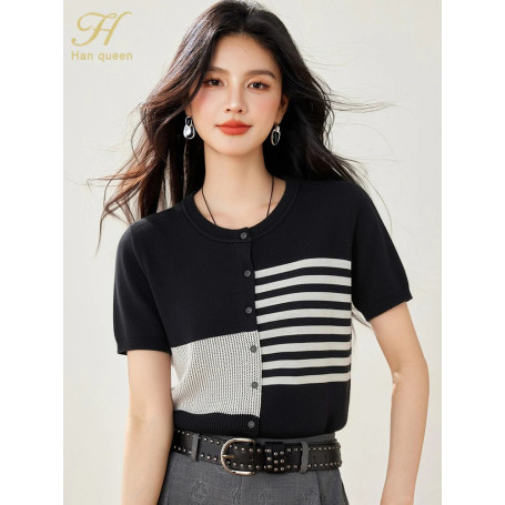 H Han Queen New Summer O Neck Knitted Cardigan Sweater Tees Color-blocking Horizontal Stripes Fashionable Loose Versatile Top
