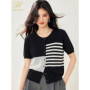 H Han Queen New Summer O Neck Knitted Cardigan Sweater Tees Color-blocking Horizontal Stripes Fashionable Loose Versatile Top