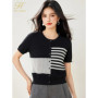 H Han Queen New Summer O Neck Knitted Cardigan Sweater Tees Color-blocking Horizontal Stripes Fashionable Loose Versatile Top