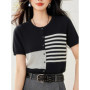 H Han Queen New Summer O Neck Knitted Cardigan Sweater Tees Color-blocking Horizontal Stripes Fashionable Loose Versatile Top