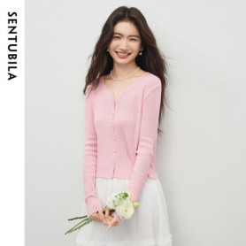 SENTUBILA Women's Hollow Knitted Cardigan 2026 Spring Long Sleeve Knit Tops for Woman Wool Blend Slim Fit Knitwear W61HE6033