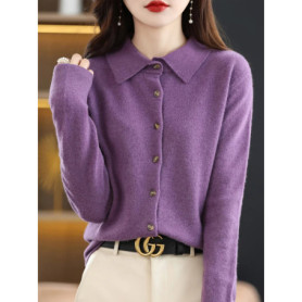 Chic Women's POLO Collar Thick Soft Warm Knitted Cardigan 100 Merino Wool New Arrivals Simple Button Solid Color Sweater Tops