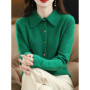 Chic Women's POLO Collar Thick Soft Warm Knitted Cardigan 100 Merino Wool New Arrivals Simple Button Solid Color Sweater Tops