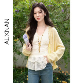 ALXNAN Women's Yellow Knit Cardigan 2026 Spring New Pearl Buttons Long Sleeve Sweater Fashion Casual Elegant Tops Female L61207