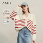 Amii Cardigan Woman 2026 Spring New Casual V-neck Contrast Stripes Cardigan Cotton Drop Shoulder Sleeve Short Knitwear 12641126