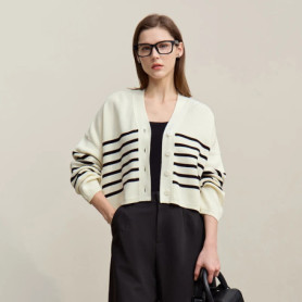 Amii Cardigan Woman 2026 Spring New Casual V-neck Contrast Stripes Cardigan Cotton Drop Shoulder Sleeve Short Knitwear 12641126