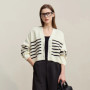Amii Cardigan Woman 2026 Spring New Casual V-neck Contrast Stripes Cardigan Cotton Drop Shoulder Sleeve Short Knitwear 12641126