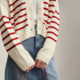 Amii Cardigan Woman 2026 Spring New Casual V-neck Contrast Stripes Cardigan Cotton Drop Shoulder Sleeve Short Knitwear 12641126