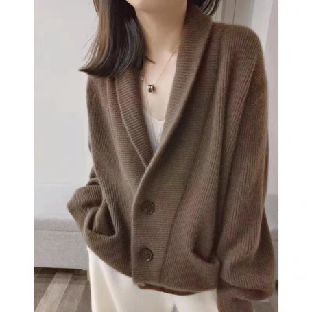100 pure cashmere cardigan female V-neck loose lazy wind sweater coat lapels thickened in autumn and winter.