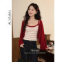 ALXNAN Vintage Red Knit Cardigan Women's Elegant Short Long Sleeve Jumpers Autumn Casual Loose-fit Bat Sleeve Cardigans L56715
