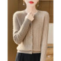 Autumn Winter Jacquard Solid Color Basics Cardigan O-Neck 100 Merino Wool Sweater Soft Warm Knitwear Sexy Woman Clothing Tops