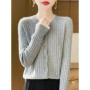 Autumn Winter Jacquard Solid Color Basics Cardigan O-Neck 100 Merino Wool Sweater Soft Warm Knitwear Sexy Woman Clothing Tops