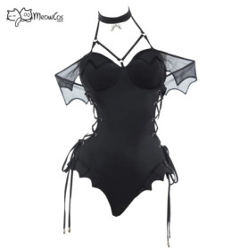 MEOWCOS Women Gothic Swimsuit Black Bat One Piece Swimsuit Dark Bat Style Vintage Bat Design Cross Lace-up Retro Dark Swimwear