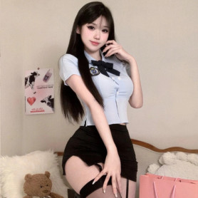Blue Sweet Shirt Policewoman Costume Suit Cosplay Role Play Short-sleeved Shirt Ladies Summer Slim Elegant Bow Top Cute Costume