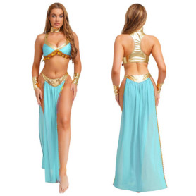 Women Halloween Cleopatra Ancient Egyptian Queen Sun Goddesses Cosplay Costume Crop Top with Skirt Choker Cuffs Belly Dance Set