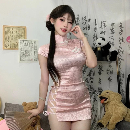 Chinese Cheongsam Dress Mini Sexy Lingerie High Split Sides Drawstring Tight Fitting Wrap Buttocks Uniform Sexy Short Club Dress