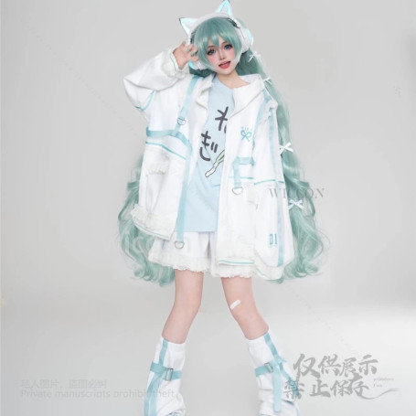 Anime Mikuku Cosplay Kawaii Blue White Full Set Wigs Earphone Coat T-Shirt Dress Socks Roleplay Customized Women Halloween Party