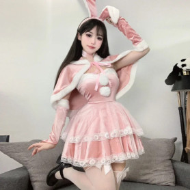 Christmas Sexy Plush Bunny Girl Cosplay Uniform Kawaii Lace Costumes Velvet Princess Dress Anime Roleplay Outfits Underwear Pink