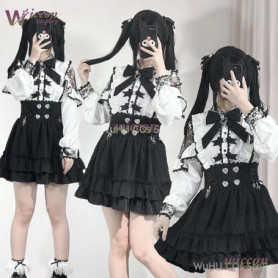 Jirai Kei Outfit Lolita Girls Blouse Top Women Long Sleeve Shirt Wig 2025 Kawii Bow Black Skirts Shirt Girai Sweet Japanese Lady
