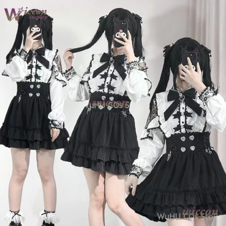 Jirai Kei Outfit Lolita Girls Blouse Top Women Long Sleeve Shirt Wig 2025 Kawii Bow Black Skirts Shirt Girai Sweet Japanese Lady