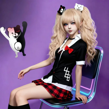 Anime Game Danganronpa Cosplay Costume Enoshima Junko Uniform Cafe Work Clothe Short Skirt Monokuma Headwear Double Ponytail Wig