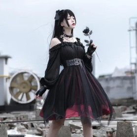 Original Design Girl Irregular Dress Women's Dark Gothic Lolita Style Dress Female Japanese Style Long Sleeve Summer Dress