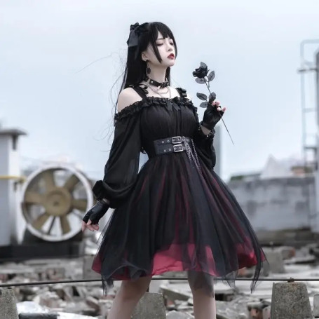 Original Design Girl Irregular Dress Women's Dark Gothic Lolita Style Dress Female Japanese Style Long Sleeve Summer Dress