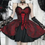 Gothic Style Vampire Dark Red Strap Dress Women's High Waist Cosplay Lolita Dress Female Summer Sleeveless Lace Dress