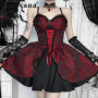 Gothic Style Vampire Dark Red Strap Dress Women's High Waist Cosplay Lolita Dress Female Summer Sleeveless Lace Dress