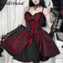 Gothic Style Vampire Dark Red Strap Dress Women's High Waist Cosplay Lolita Dress Female Summer Sleeveless Lace Dress
