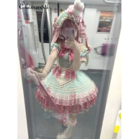 Lolita Sweet Green and Pink Cute Princess Dress New 2026 Spring and Summer Birthday Party Elegant Maid Cos Dresses Women