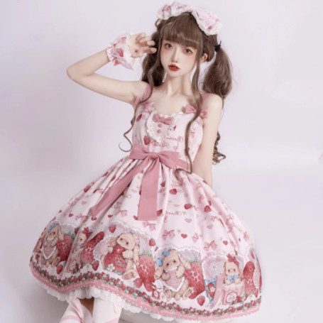 Sweet Lolita Jsk Dress Strawberry Cartoon Cute Rabbit Print Suspenders Dress Japanese Summer Women Kawaii Party Dresses