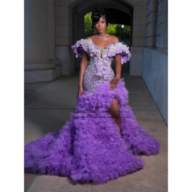 Glitter Rhinestone 3D Floars Prom Dresses For Black Girl Customized Mermaid Evening Party Gown Aso Ebi Ruffles robes de soirée