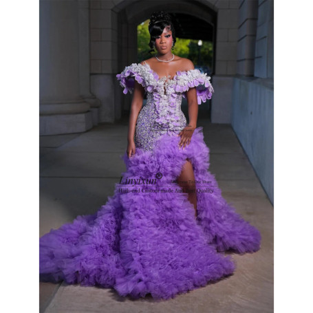 Glitter Rhinestone 3D Floars Prom Dresses For Black Girl Customized Mermaid Evening Party Gown Aso Ebi Ruffles robes de soirée