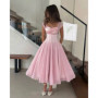 Toofgon Sweetheart Pink A Line Prom Dress Backless Soft Tulle Tea Length Prom Party Dress Customized A Line Birthday Dresses