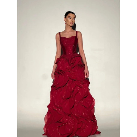 Opulent Red Ruffle Evening Gown 2026 Luxury Sparkly Sweetheart Floor-Length Party Dress A-Line Tiered Prom Dress فساتين سهرة