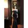 Black Luxury Elegant Birthday Evening Party Dress Women New Slim Pleated Sexy Strapless Backless Robe Vintage Long Dresses 2025