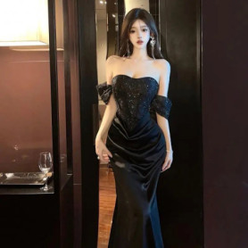 Black Luxury Elegant Birthday Evening Party Dress Women New Slim Pleated Sexy Strapless Backless Robe Vintage Long Dresses 2025