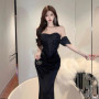 Black Luxury Elegant Birthday Evening Party Dress Women New Slim Pleated Sexy Strapless Backless Robe Vintage Long Dresses 2025