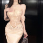 Black Luxury Elegant Birthday Evening Party Dress Women New Slim Pleated Sexy Strapless Backless Robe Vintage Long Dresses 2025
