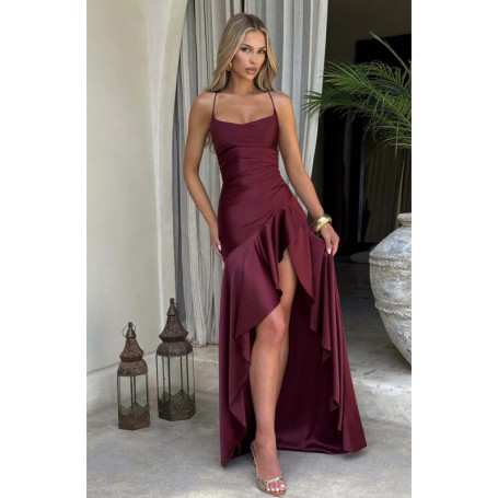 Sexy Satin Long Dress Luxury Ruffles Backless Bandage Evening Dresses Red Burgundy Blue Wedding Guest Cocktail Party Summer New