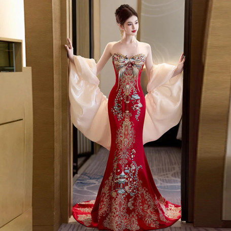 New Chinese Style Red Wedding Dress Strapless Mermaid Heavy Embroidery Luxury Bridal Toast Engagement Evening Gown