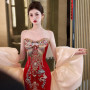 New Chinese Style Red Wedding Dress Strapless Mermaid Heavy Embroidery Luxury Bridal Toast Engagement Evening Gown