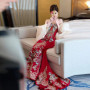 New Chinese Style Red Wedding Dress Strapless Mermaid Heavy Embroidery Luxury Bridal Toast Engagement Evening Gown
