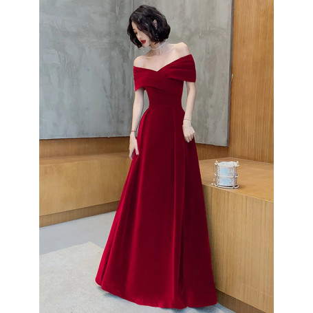 Lautaro Spring Long Luxury Elegant Wine Red Soft Velvet Evening Party Wedding Dresses for Women 2022 Off Shoulder Maxi Dress