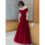 Lautaro Spring Long Luxury Elegant Wine Red Soft Velvet Evening Party Wedding Dresses for Women 2022 Off Shoulder Maxi Dress